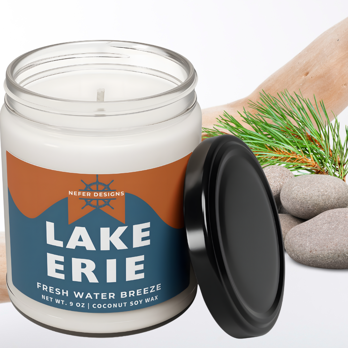 9 oz Lake Erie scented candle with Fresh Water Breeze, perfect for home relaxation.