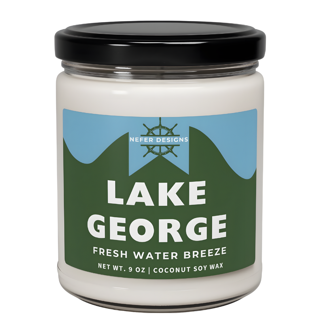 Nefer Designs Lake George New York Lake 9 oz coconut soy wax candle 