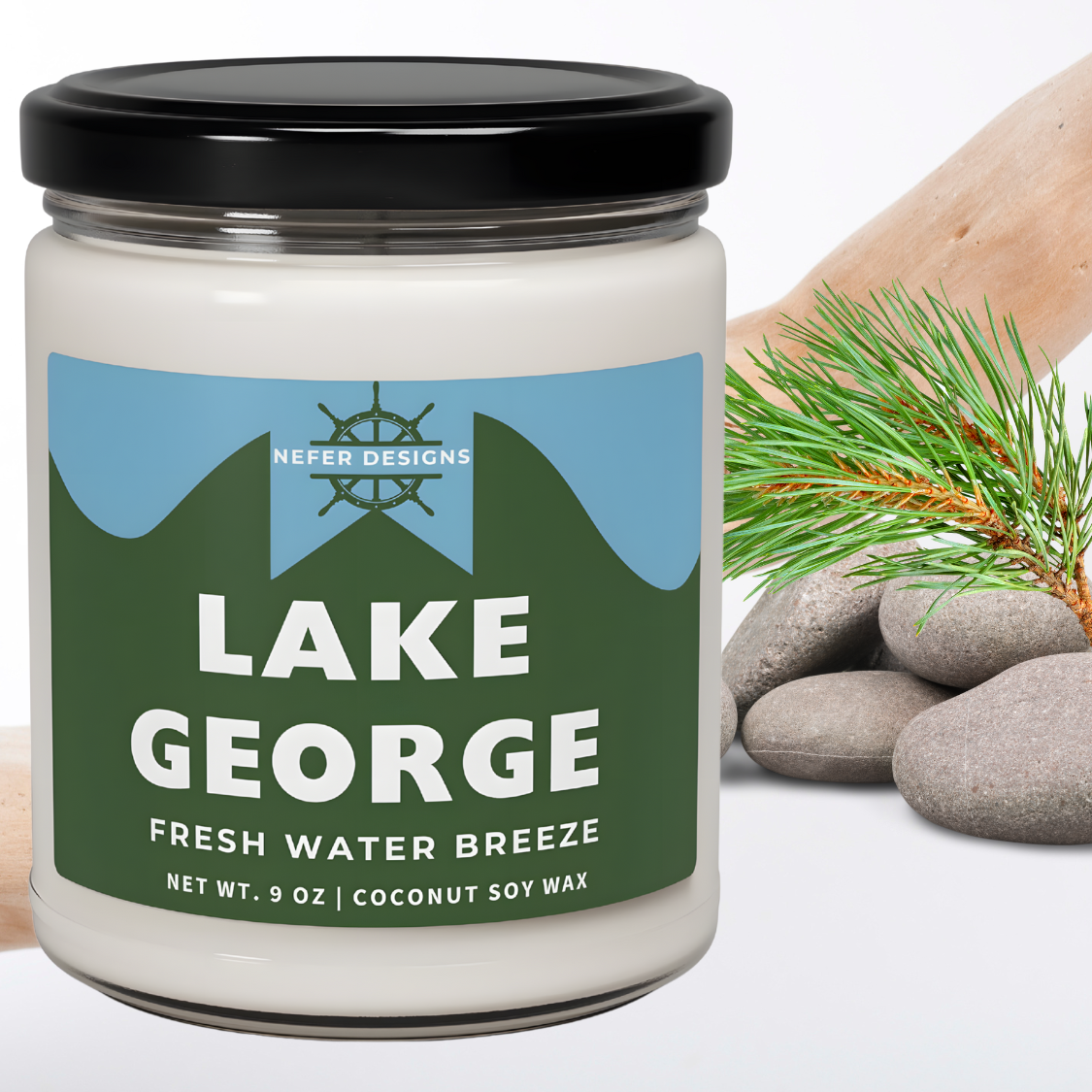 Nefer Designs Lake George New York Lake 9 oz coconut soy wax candle gift for lake lovers 