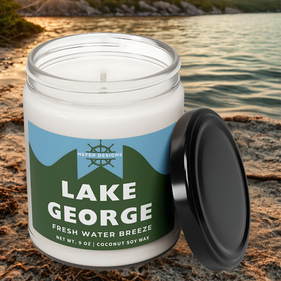 A close look to the creamy coconut wax that poured in a clear jar with a black lid that is called Lake George candle