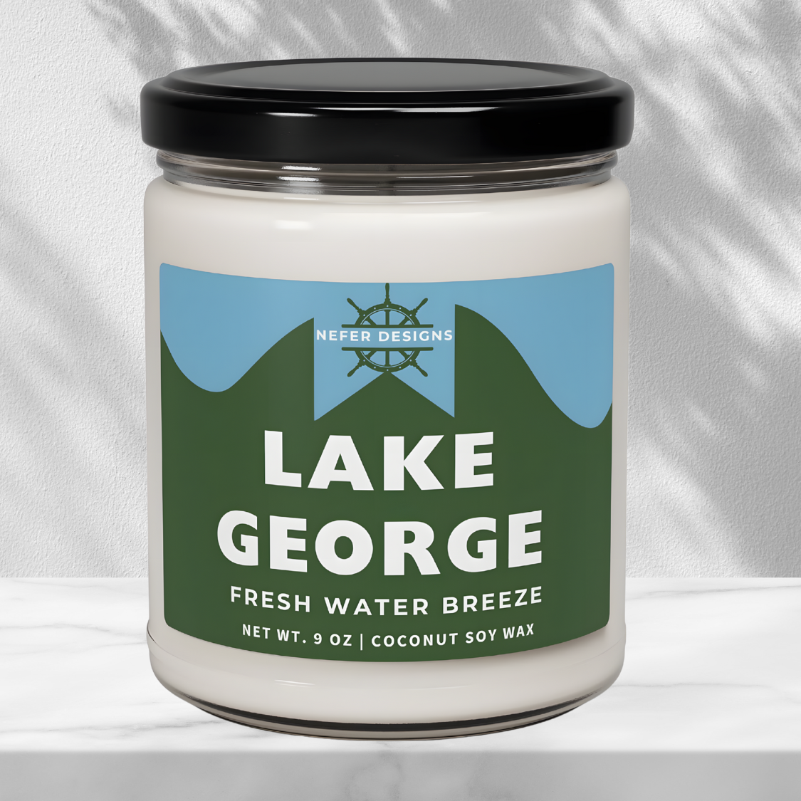 Nefer Designs Lake George New York Lake 9 oz coconut soy wax candle for lake home decor 