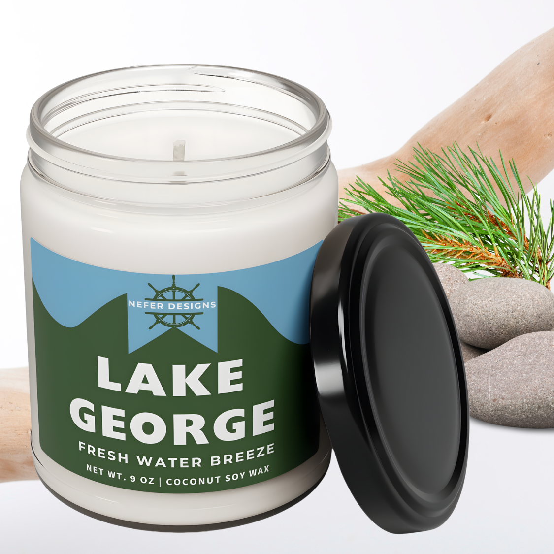 two tone minimalist Lake George New York inspired candle 