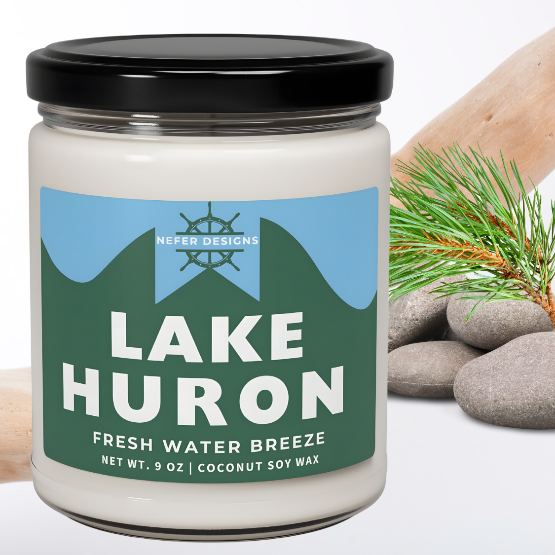 Hand-poured Lake Huron soy candle in glass jar with Great Lakes themed label