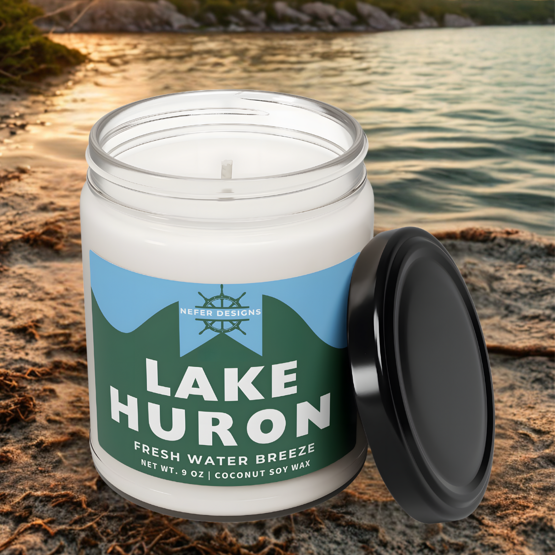 Eco-friendly soy candle inspired by Lake Huron shoreline and maritime breeze