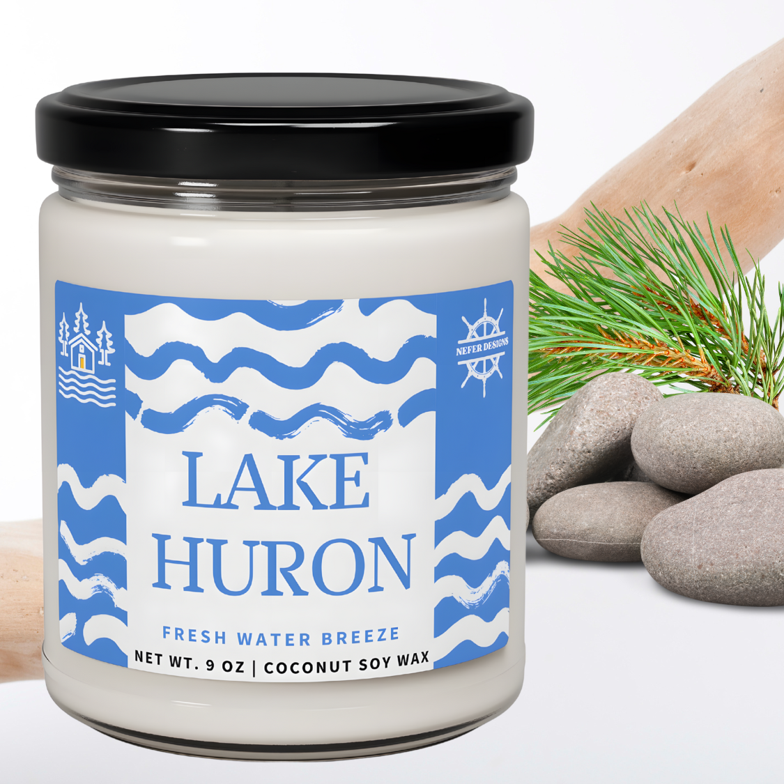 Artisanal candle inspired by Lake Huron, featuring 'FRESH WATER BREEZE' fragrance information and a 9-ounce coconut soy wax blend, presented in a simple, nature-themed design