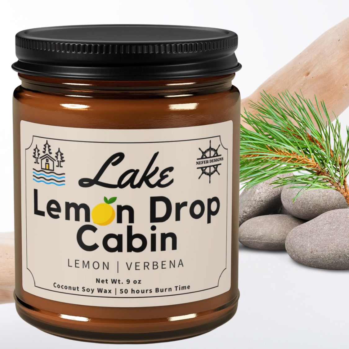 Hand-poured Lake Lemon Drop candle in amber jar - zesty lemon verbena fragrance with coconut soy wax blend (9oz, burns 50 hours) perfect for lake house decor.