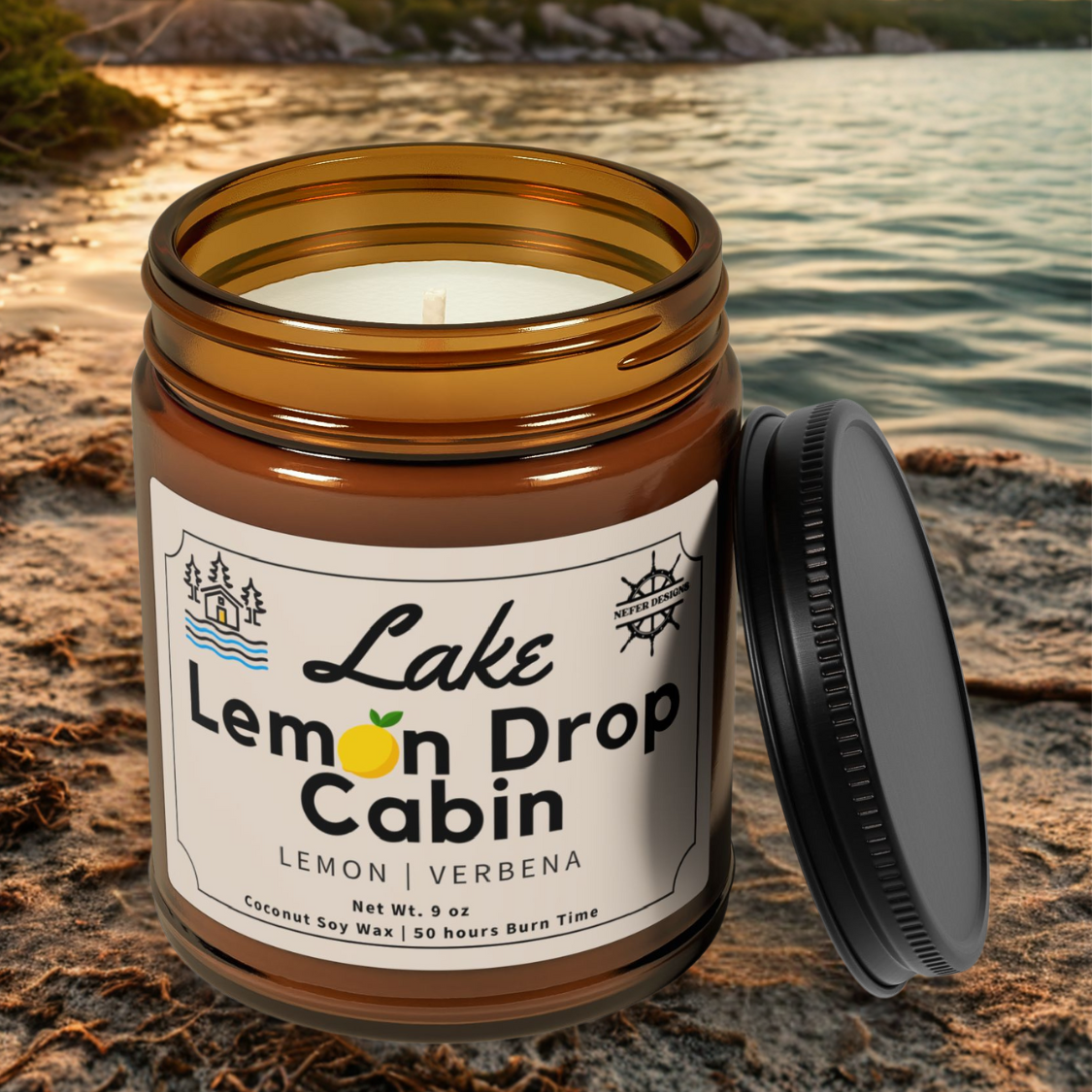 Minimalist label on Lake Lemon Drop cabin candle highlighting lemon verbena essential oil scent and 9oz natural coconut soy wax formula