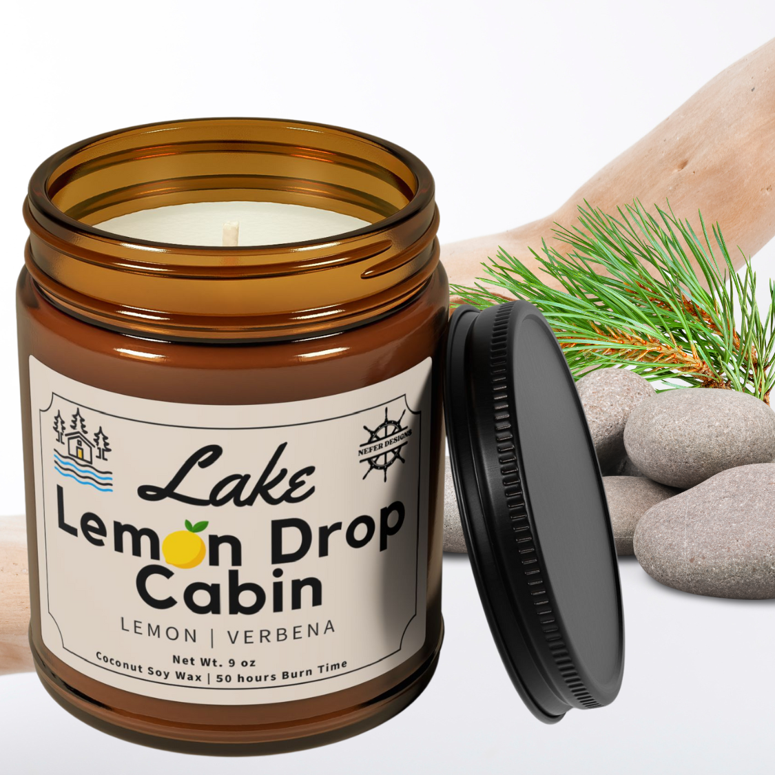 Gift-ready Lake Lemon Drop soy candle in amber glass - 50-hour burn time with lemon verbena 9oz coconut soy wax