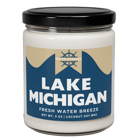 Nefer Designs Lake Michigan candle with fresh water breeze scent - 9 oz coconut soy wax blend