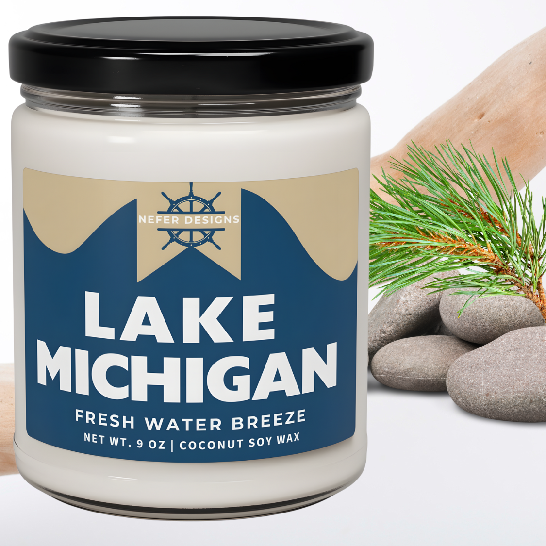 Two-tone Lake Michigan candle by Nefer Designs - fresh water breeze fragrance, 9 oz coconut soy wax