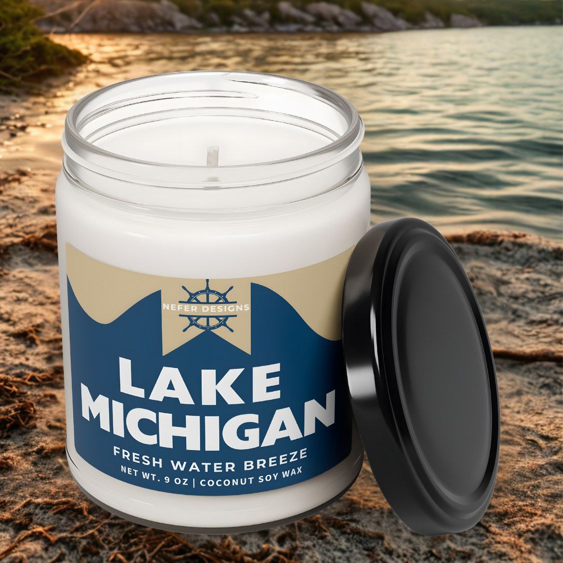 Eco-friendly Lake Michigan scented candle - fresh water breeze aroma, 9 oz coconut soy wax by Nefer Designs