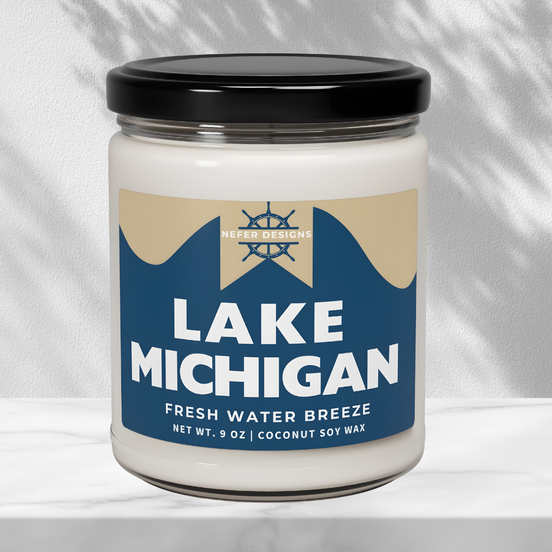 Minimalist Lake Michigan candle label - fresh water breeze scent, 9 oz coconut soy wax, handmade