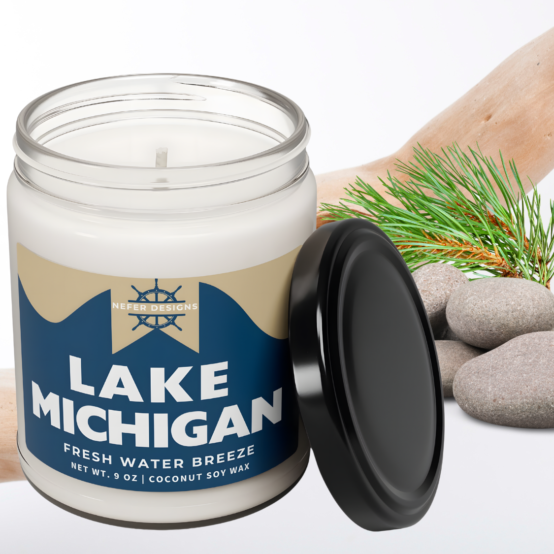 "Nefer Designs’ Lake Michigan soy candle - clean freshwater fragrance, 9 oz natural coconut soy wax