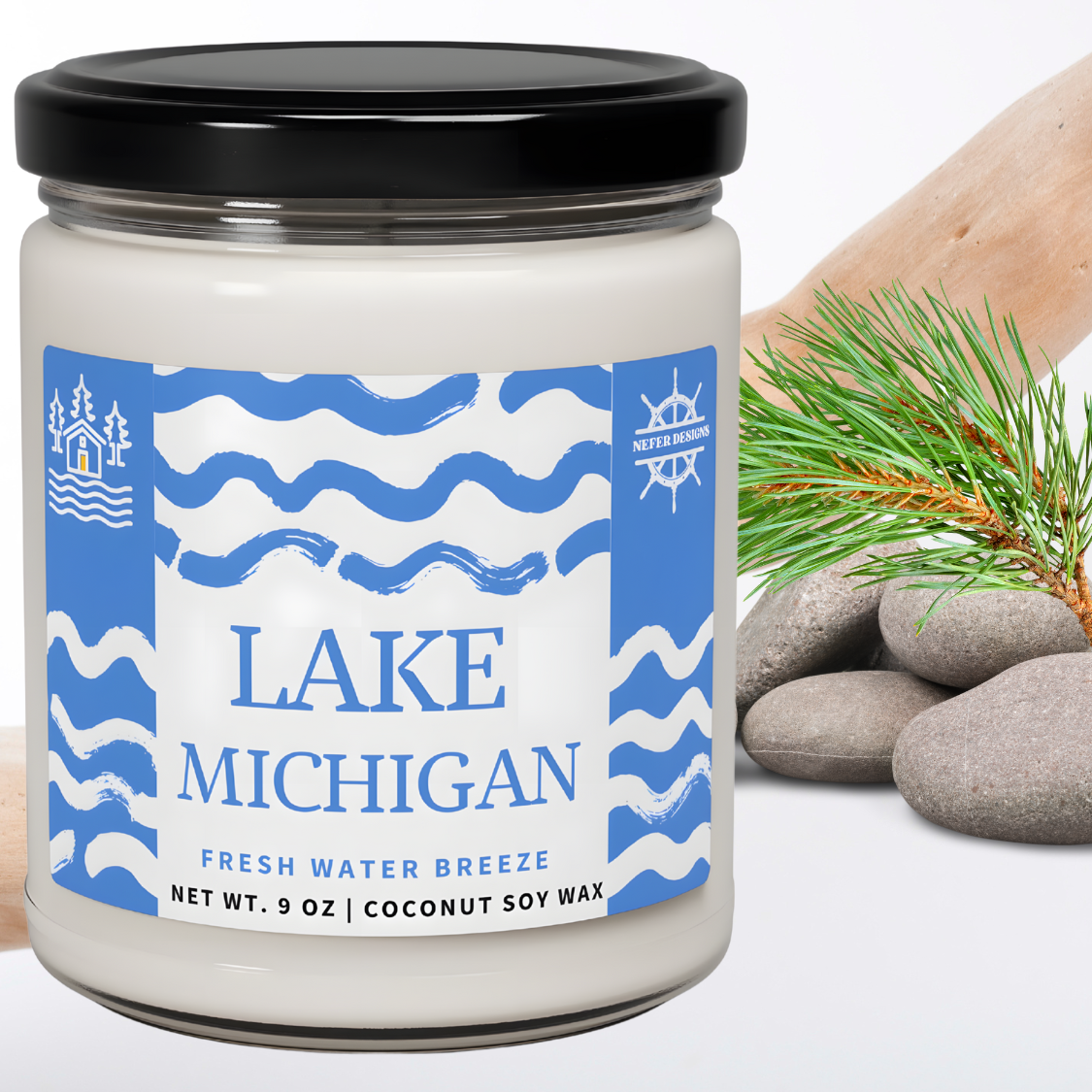 Blue wave design Lake Michigan candle with Fresh Water Breeze fragrance