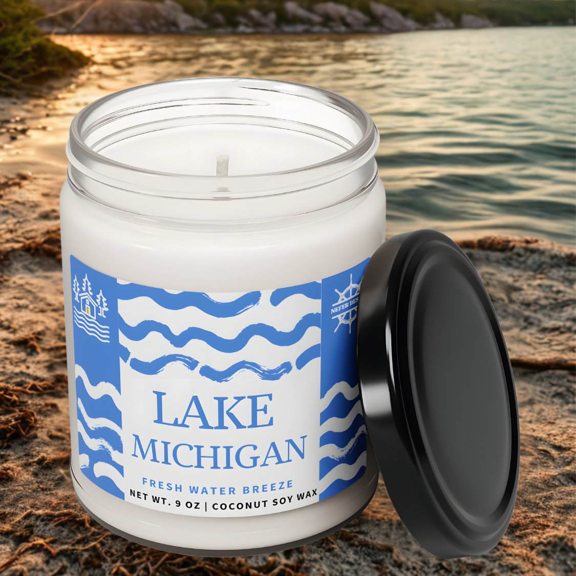 Eco-friendly coconut soy wax candle inspired by Lake Michigan’s fresh water
