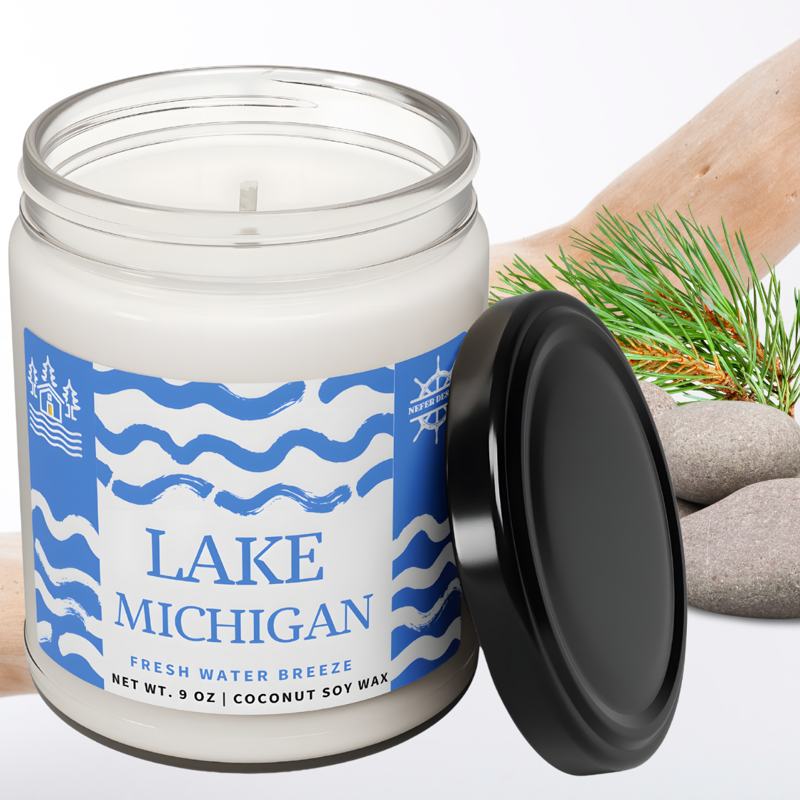 Handmade coconut soy wax candle with Lake Michigan’s Fresh Water Breeze scent