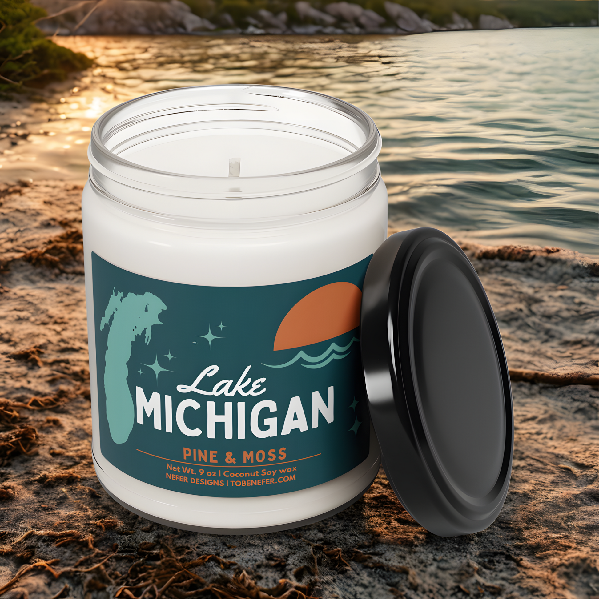Lake Michigan' candle by Nefer Designs, featuring 'Pine & Moss' fragrance. Details include coconut soy wax, 9 oz net weight.