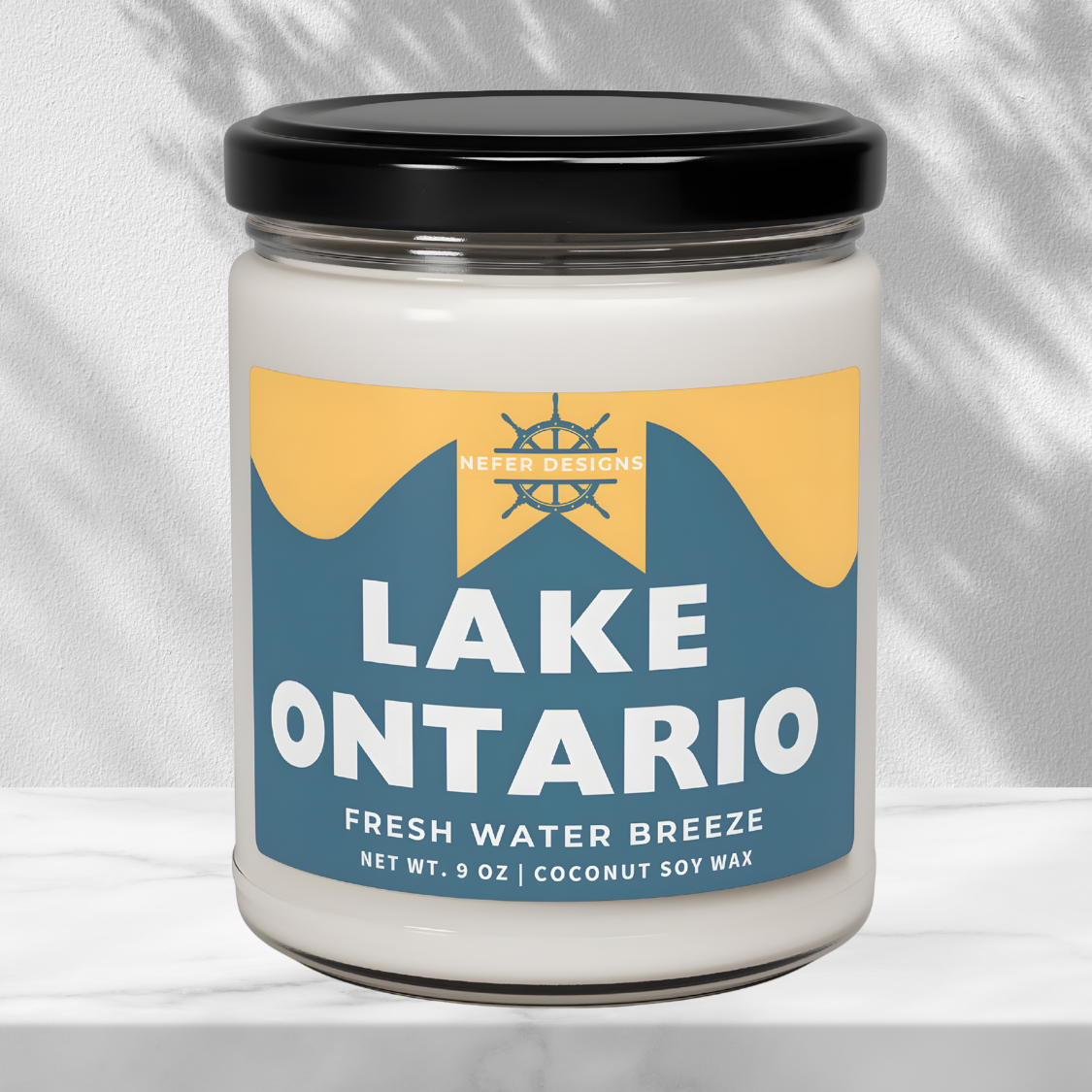 Blue & yellow colored Lake Ontario Soy Candle - Fresh Water Breeze Fragrance by Nefer Designs
