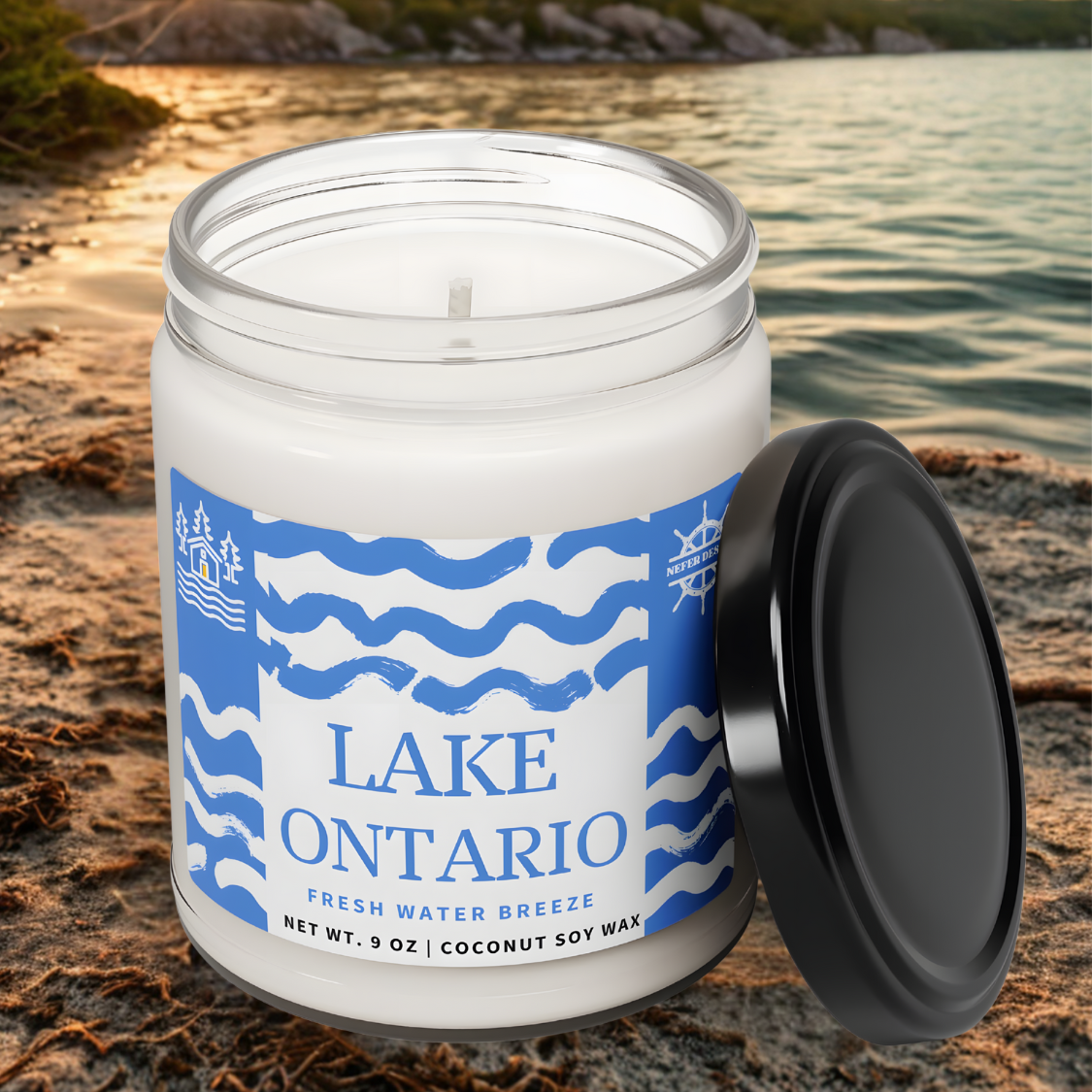Lake Ontario ‘Fresh Water Breeze’ Scented Candle – 9 oz Coconut Soy Wax, Blue Wave Design
