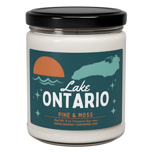 Lake Ontario candle with pine & moss scent - 9 oz coconut soy wax, minimalist Great Lakes gift packaging