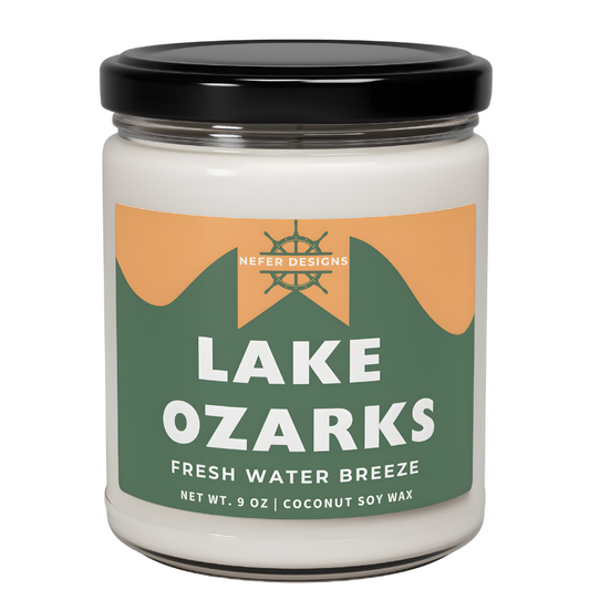 Lake Ozark Soy Candle by [Brand] with 'Missouri Lakeside Vibes' label, featuring a hand-poured coconut soy wax blend in a rustic jar – perfect for lake house decor.