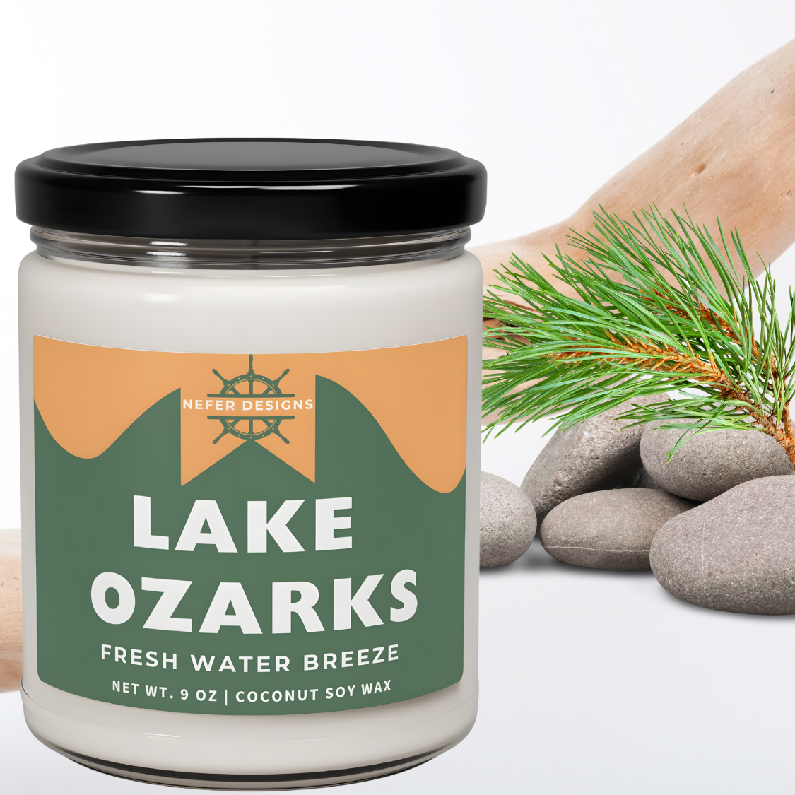 Lake Ozark Soy Candle by [Brand] with 'Missouri Lakeside Vibes' label, featuring a hand-poured coconut soy wax blend in a clear jar perfect for lake lovers. 