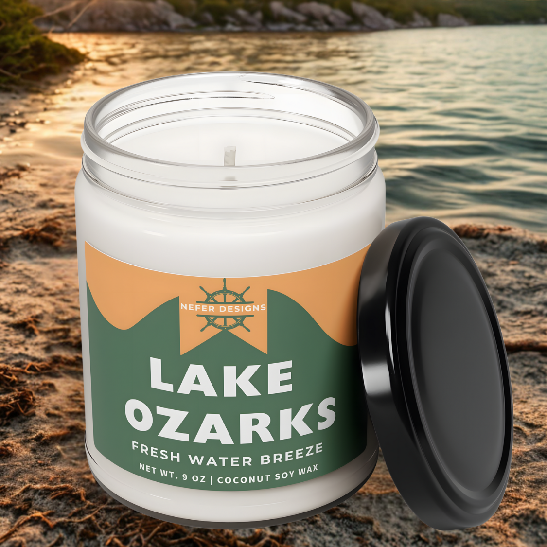 Hand-poured soy wax candle with smooth, creamy texture and subtle aroma of clean lakeside air – made with natural coconut soy wax.