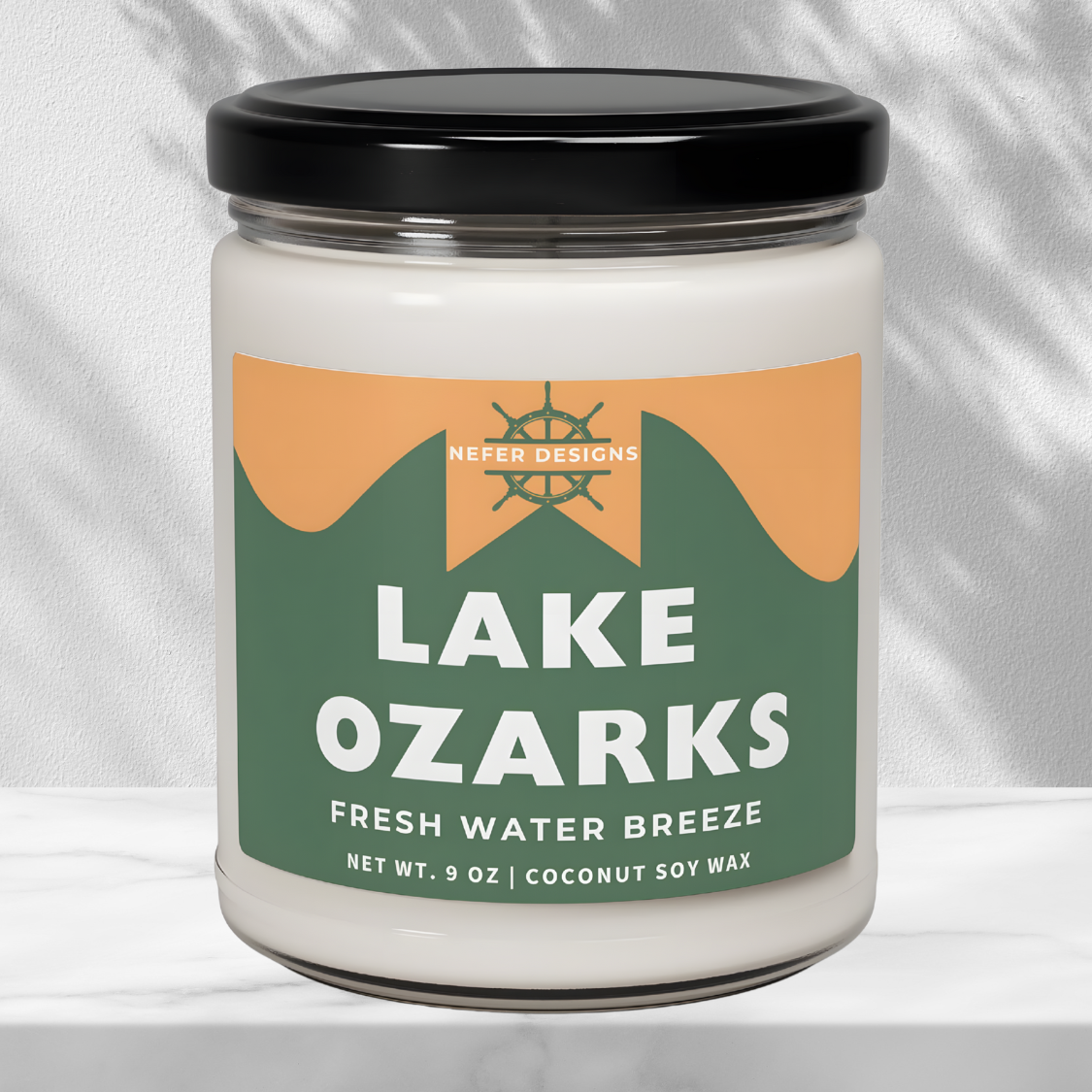 Fresh water breeze scented Lake Ozark Candle by Nefer Designs perfect home decor for cabins or lake houses.