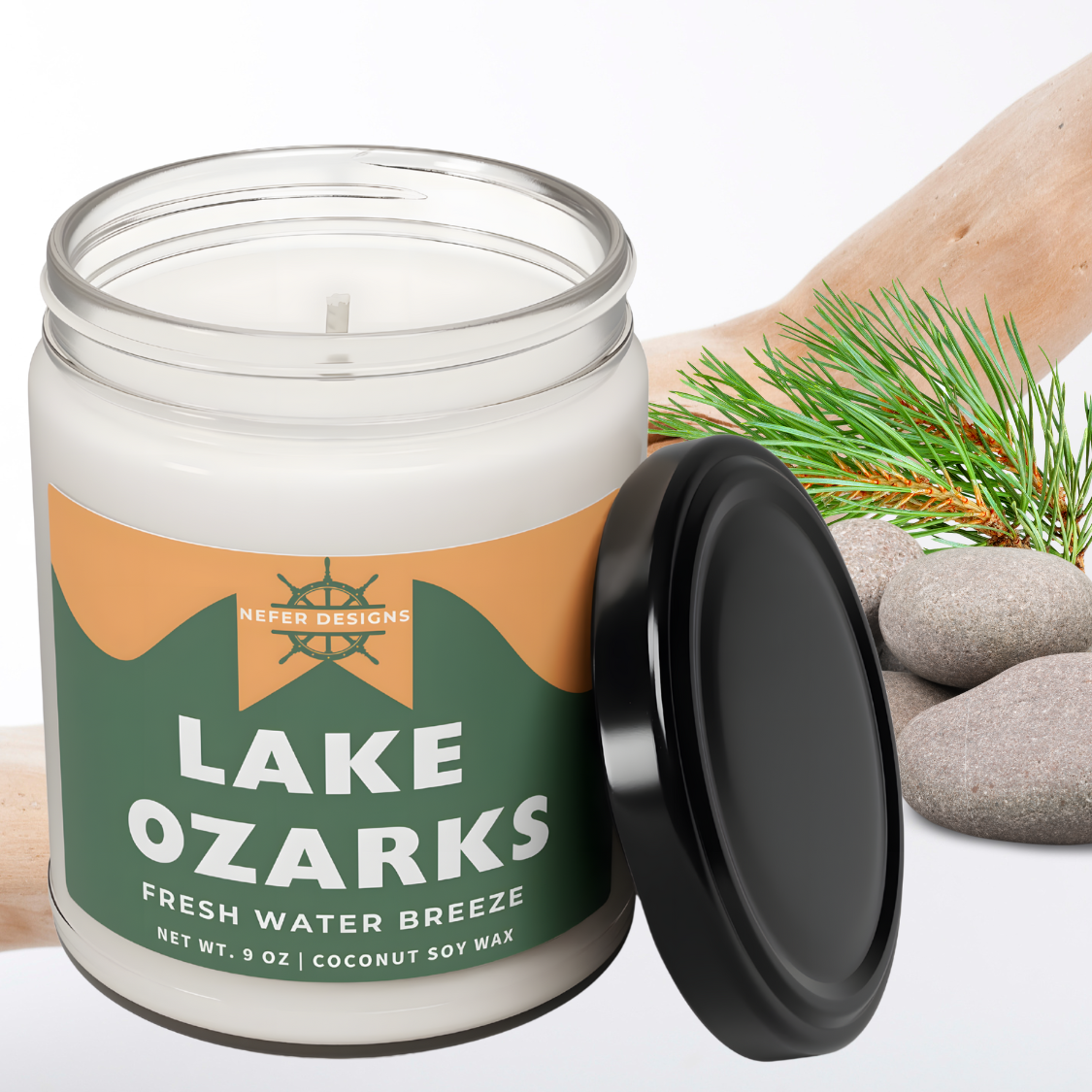 Hand-poured soy wax candle with smooth, creamy texture and subtle aroma of clean lakeside air – made with natural coconut soy wax perfect cottagecore decor. 