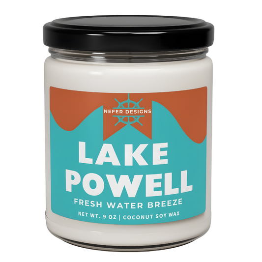 Lake Powell candle scented with Fresh Water Breeze by Nefer Designs, featuring a clean, minimalist design with text on a neutral background. Made with coconut soy wax, net weight 9 oz.