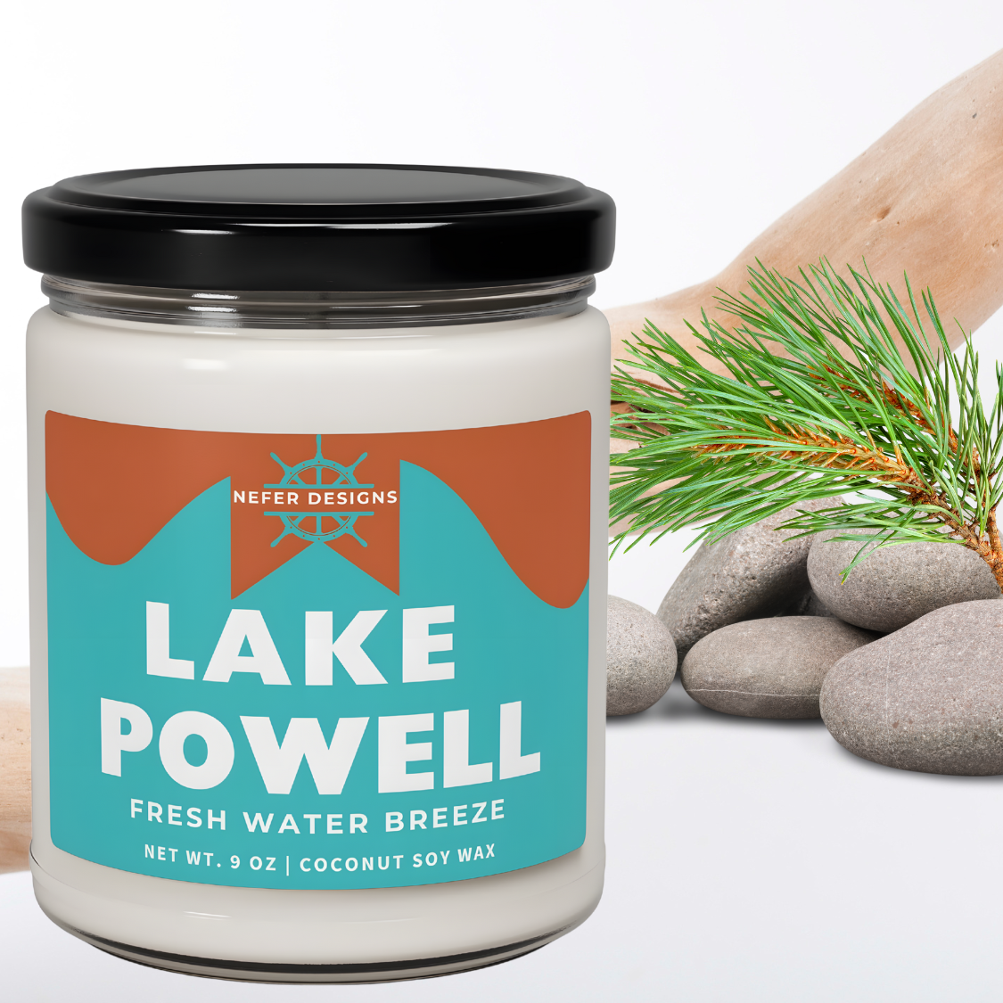 Nefer Designs Lake Powell scented candle with 'Fresh Water Breeze' fragrance, showcasing simple typography colors and a natural aesthetic. Contains 9 oz of coconut soy wax