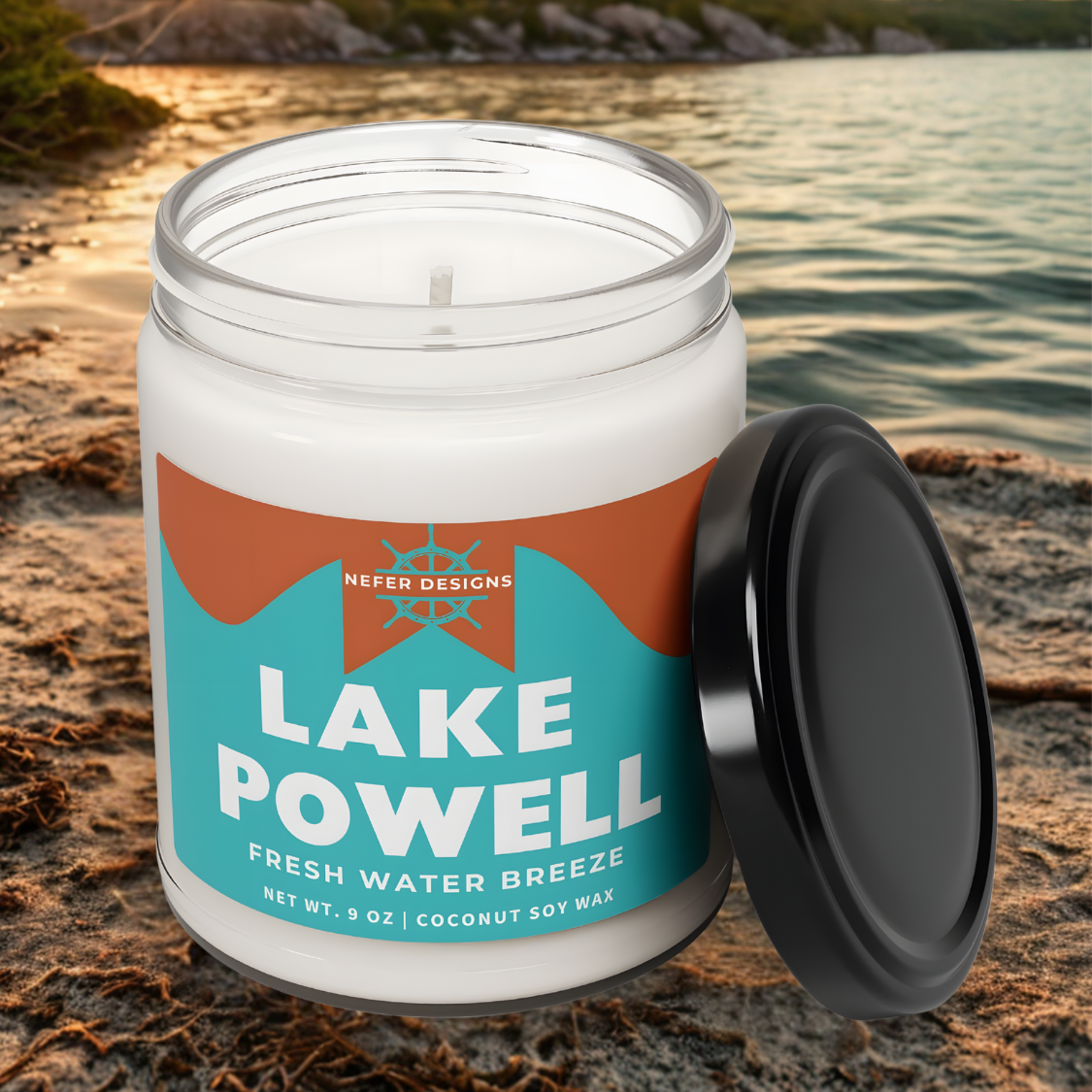 Close-up of a Lake Powell-themed candle by Nefer Designs, emphasizing the 'Fresh Water Breeze' scent and eco-friendly coconut soy wax composition (9 oz net weight).