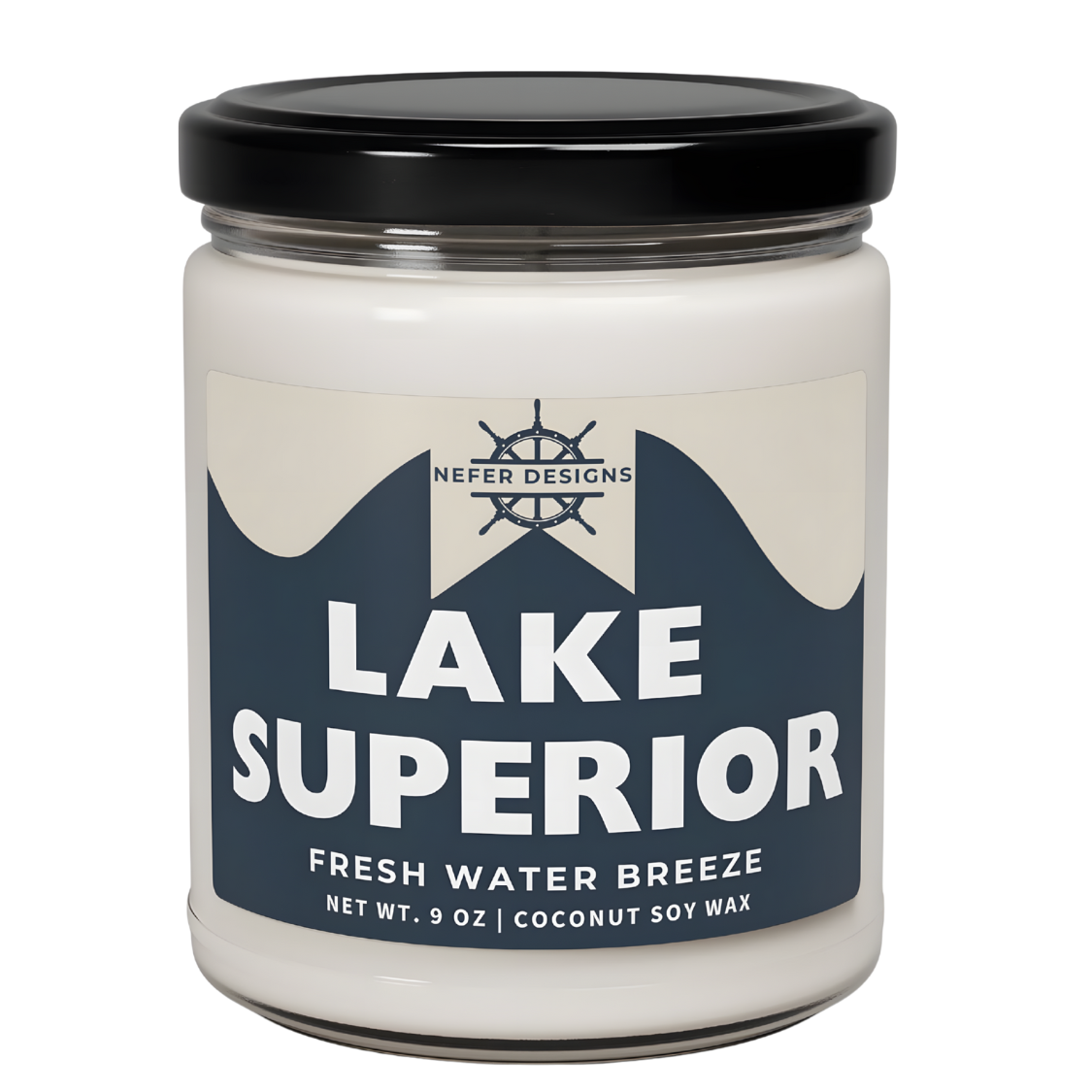 Lake Superior 'Fresh Water Breeze' Scented Candle by Nefer Designs – 9 oz Coconut Soy Wax, Blue and White Design