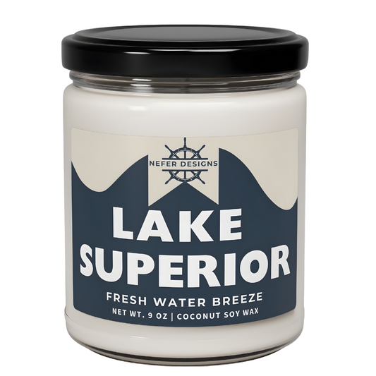 Lake Superior 'Fresh Water Breeze' Scented Candle by Nefer Designs – 9 oz Coconut Soy Wax, Blue and White Design