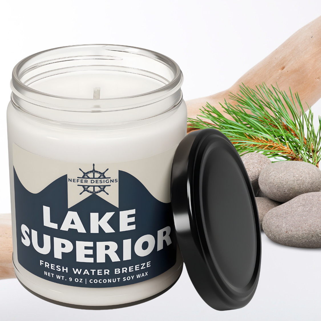Blue-Themed Lake Superior Scented Candle – 9 oz, Clean-Burning Coconut Soy Wax by Nefer Designs