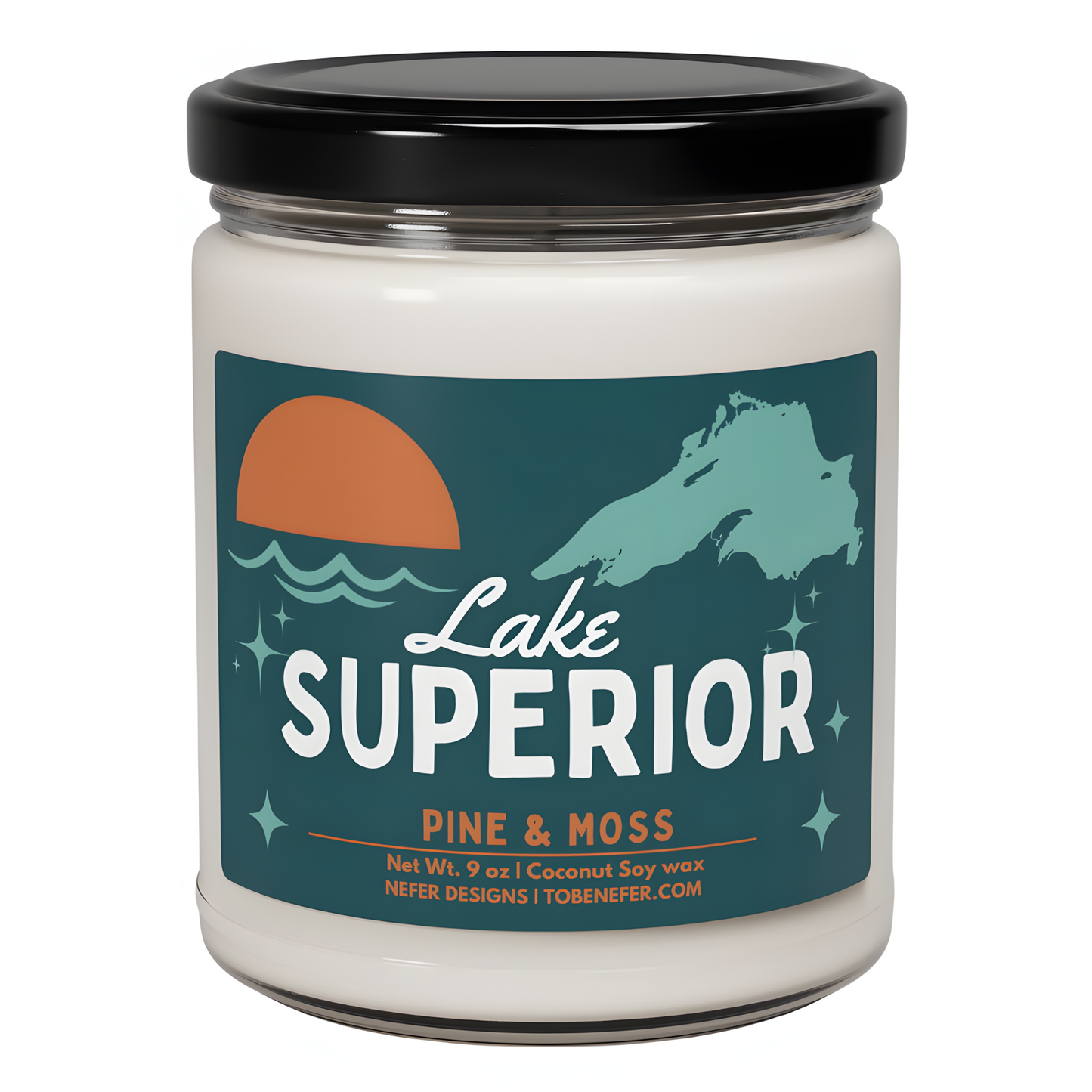 A second view of the 'Lake Superior' candle by Nefer Designs, featuring 'Pine & Moss' fragrance. Details include coconut soy wax, 9 oz net weight