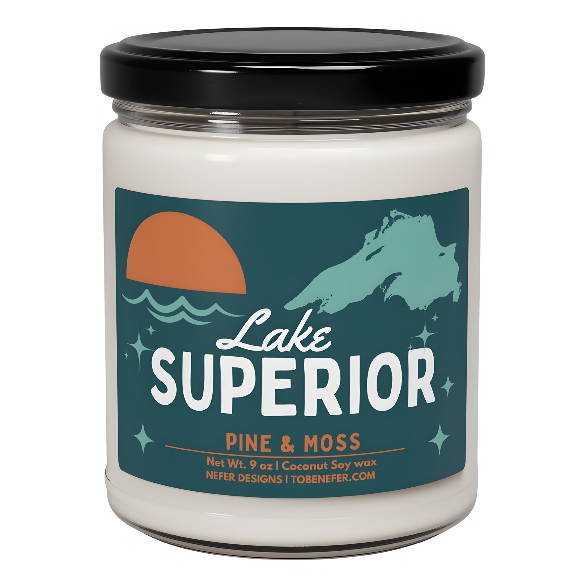 A second view of the 'Lake Superior' candle by Nefer Designs, featuring 'Pine & Moss' fragrance. Details include coconut soy wax, 9 oz net weight