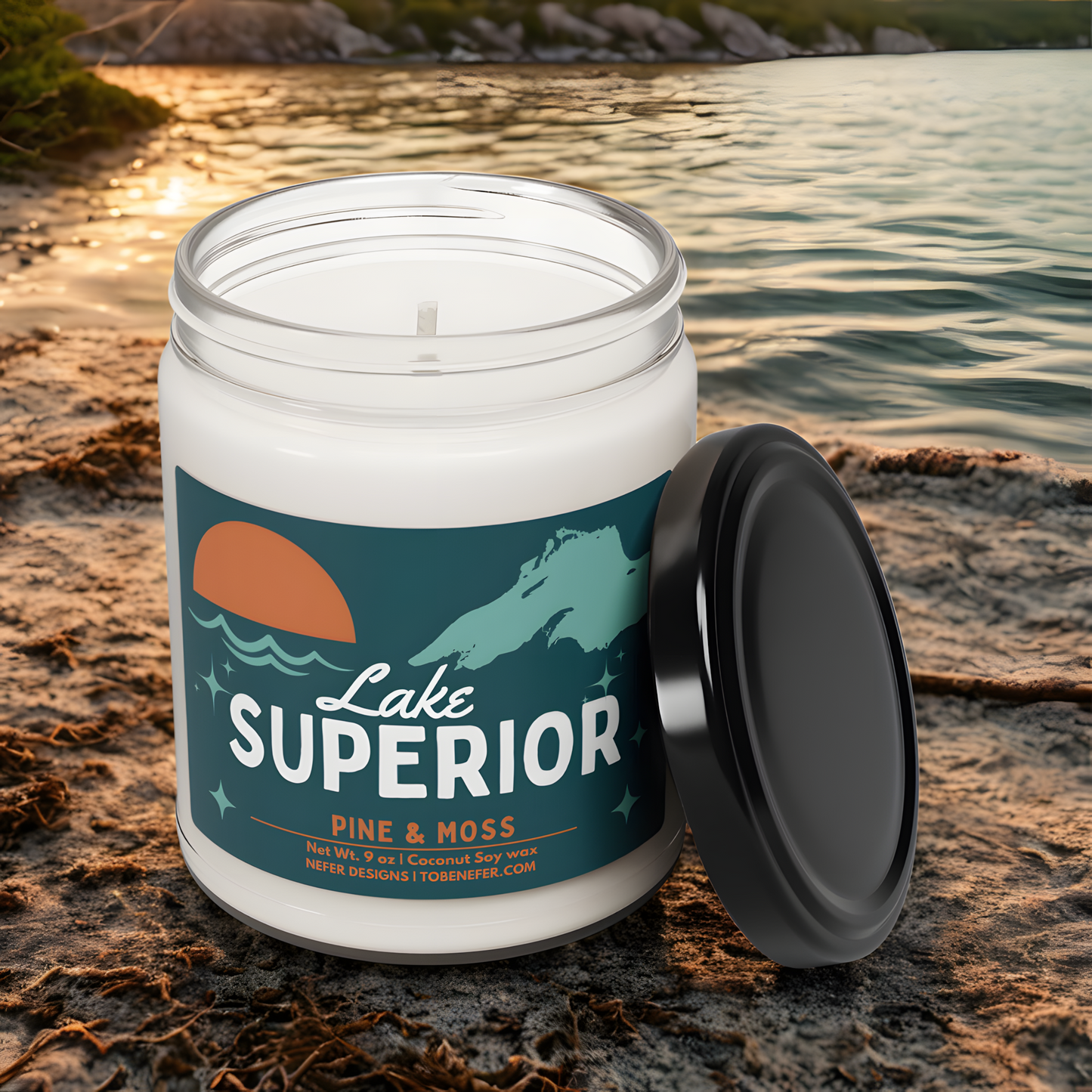 Close-up of the 'Lake Superior' candle label, highlighting the 'Pine & Moss' scent, 9 oz coconut soy wax composition