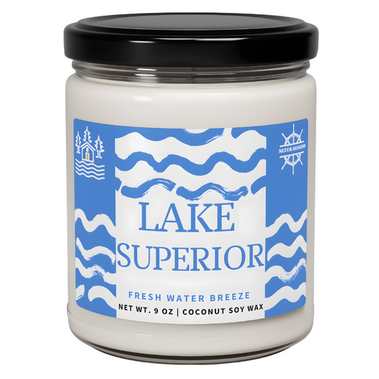 Lake Superior Blue Wave Soy Candle in clear glass jar with wooden lid, evoking the essence of freshwater shores