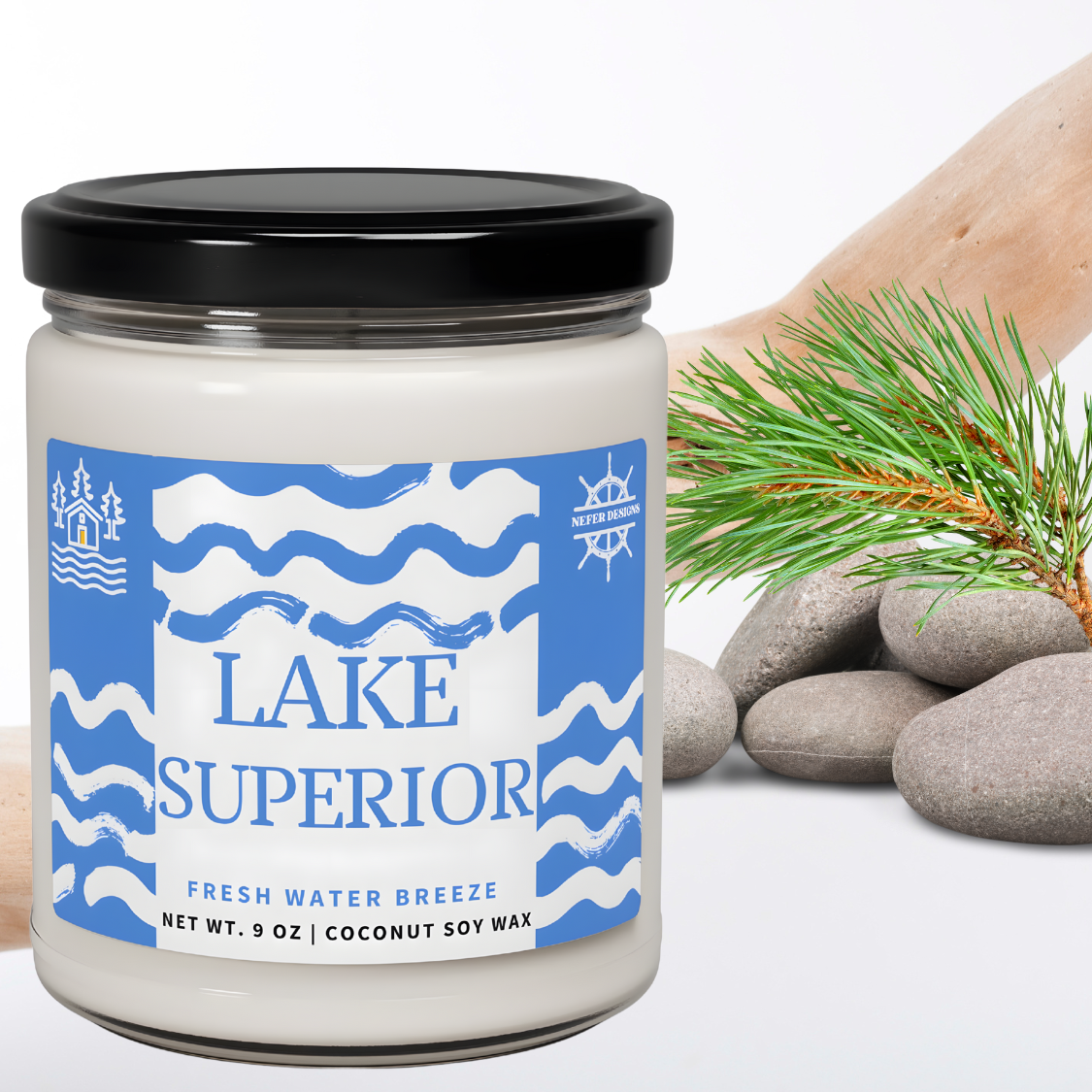 Lake Superior Blue Wave Soy Candle in clear glass jar with blue-themed label, unlit and elegantly displayed.