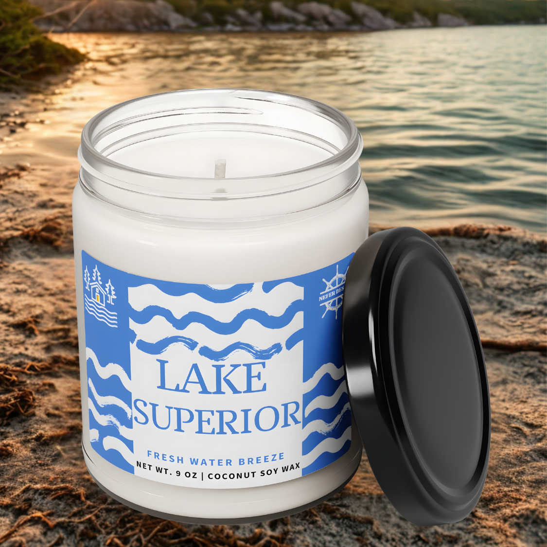 Hand-poured Lake Superior Blue Wave Candle with natural wooden lid and eco-friendly cotton wick