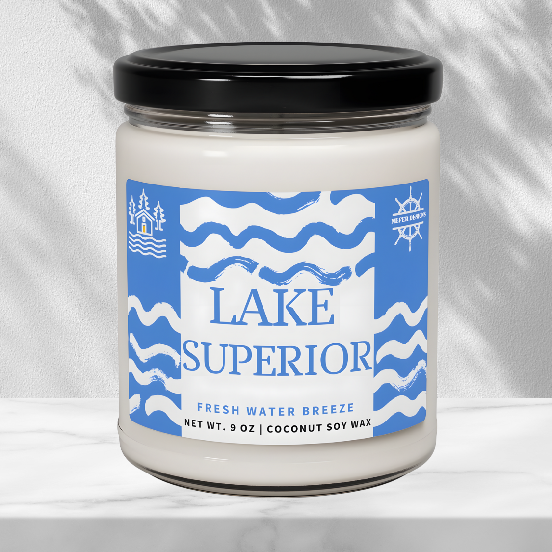 Minimalist Lake Superior Blue Wave Soy Candle, unlit with cotton wick and serene blue label.
