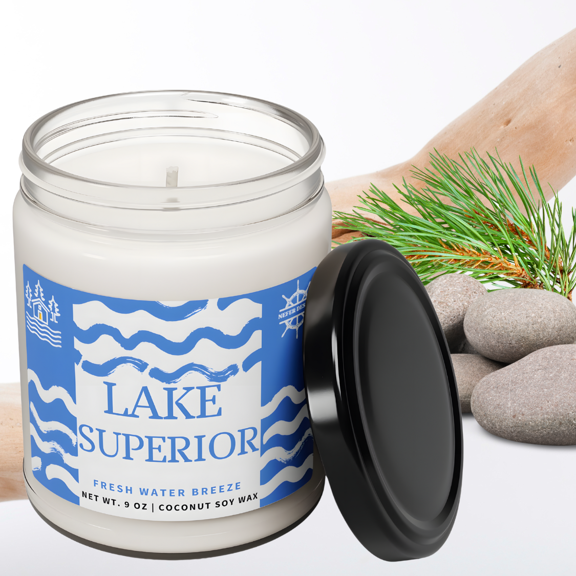 Eco-friendly Lake Superior Blue Wave Candle in clear jar, showing off smooth wax and cotton wick.