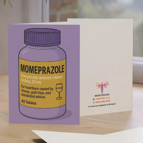 Greeting card with a purple bottle of Momeprazole on a purple background