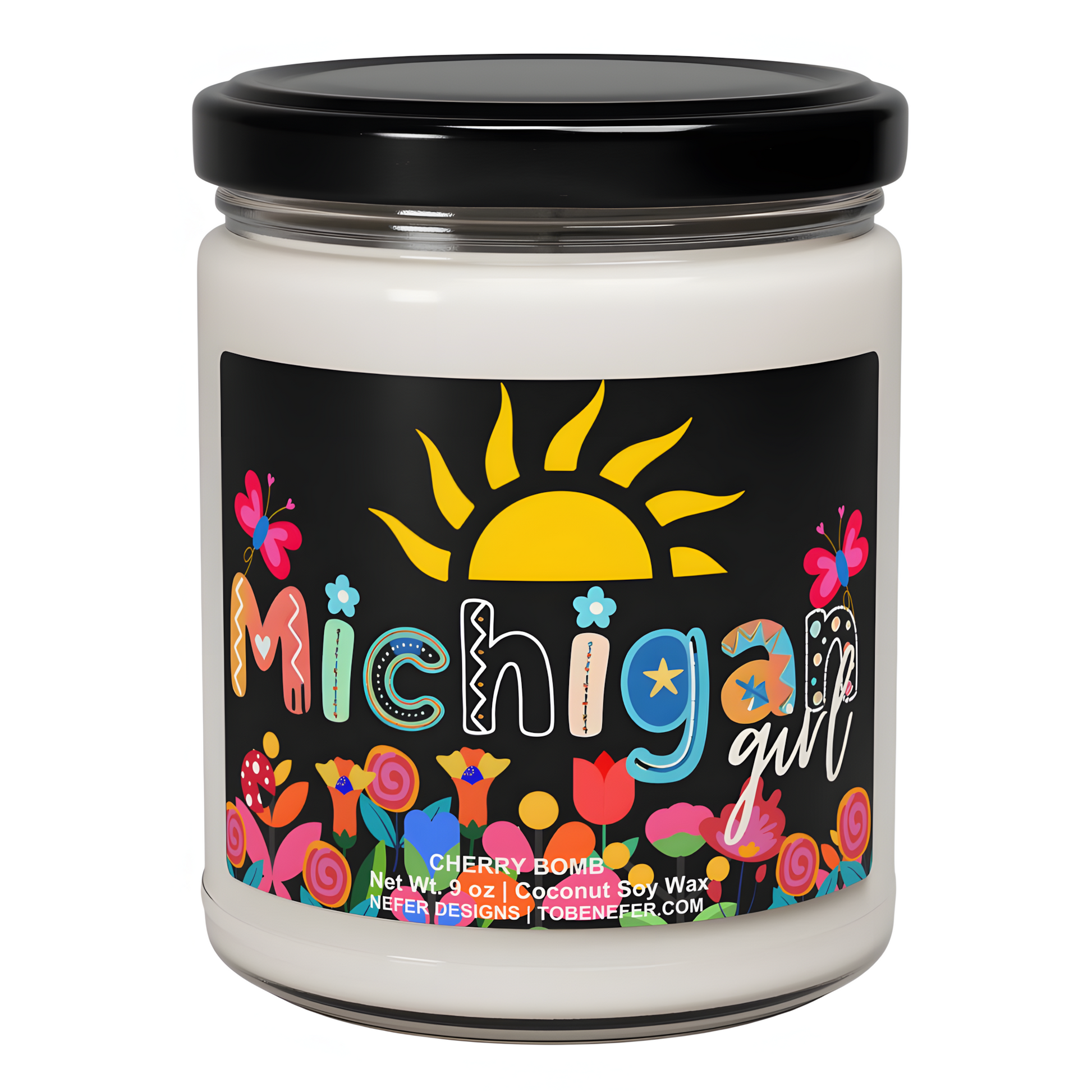 Cherry Bomb scented soy candle in vintage jar - 9 oz Michigan-made retro candle with coconut wax by Nefer Designs.