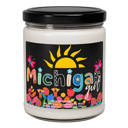 Cherry Bomb scented soy candle in vintage jar - 9 oz Michigan-made retro candle with coconut wax by Nefer Designs.