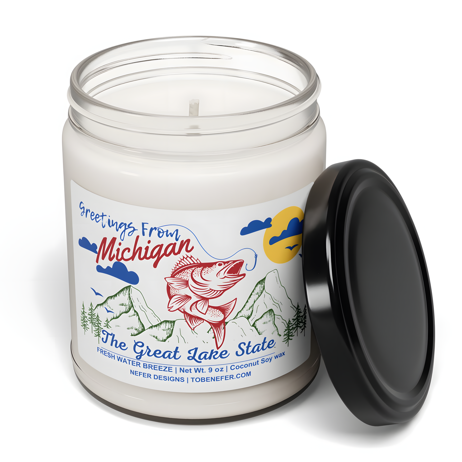 "Fresh Water Breeze scented candle - Michigan Great Lake State gift with 9 oz coconut soy wax in clear jar