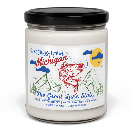 Greetings from Michigan postcard-style soy candle - The Great Lake State label with coconut soy wax by Nefer Designs