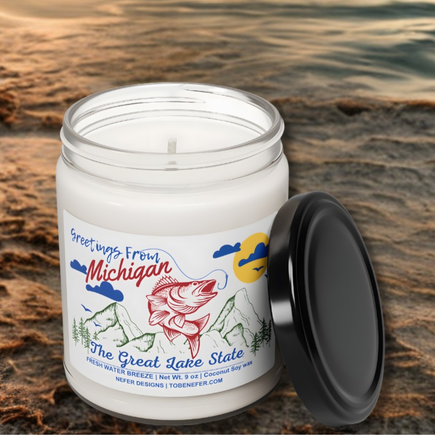 Greetings from Michigan soy candle - The Great Lake State label with Fresh Water Breeze scent, 9 oz coconut wax
