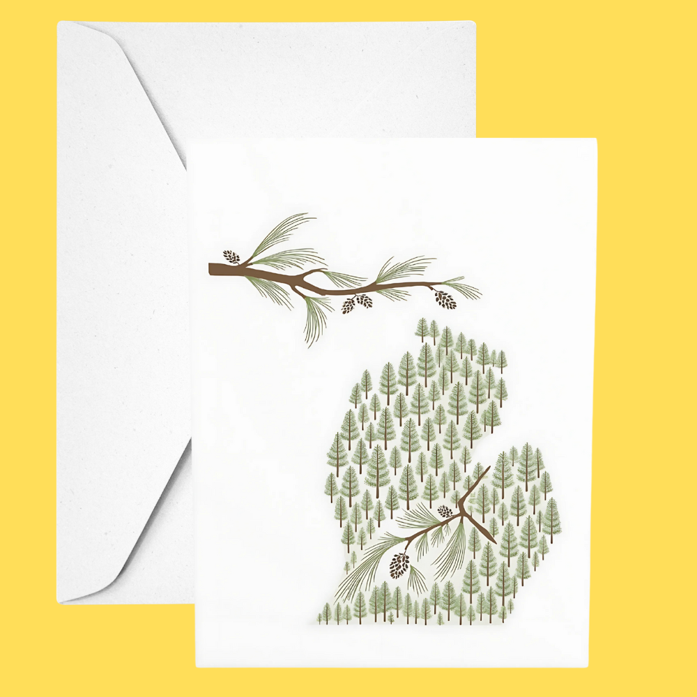 Greeting card with forest design on a yellow background